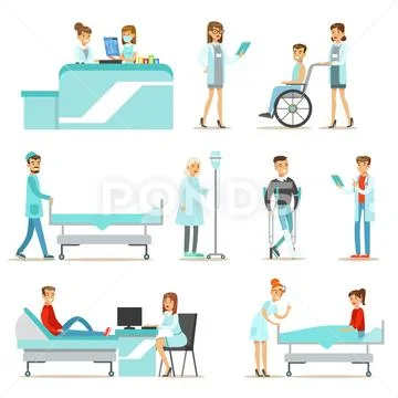 Injured And Sick Patients In The Hospital Receiving Medical Treatment From Stock Illustration