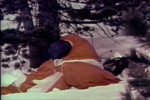 Injured pilot sit under a tree after a crash on a snowy mountain - 1961 Stock Footage 102207442
