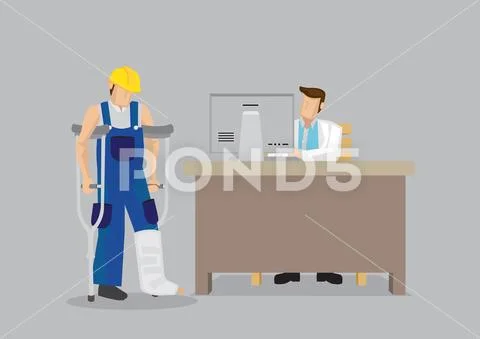 Injured Worker Seek Medical Treatment at Doctor's Office Cartoon Vector Illus Stock Illustration