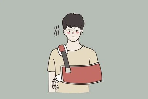 Injury and physical problem concept. Young sad frustrated man cartoon character Stock-Illustration
