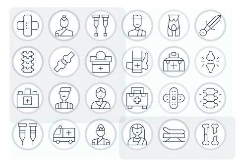 Injury Vector Icon Set with 24 Thin Line Retina Ready Pixel Aligned Graphics Stock Illustration