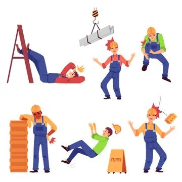 Injury at work set with construction worker, flat vector illustration isolated. Stock Illustration