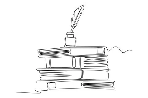 Ink and quill pen on stack of books and office desk Stock Illustration