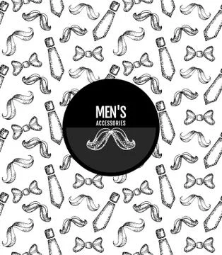 Ink black hand drawn seamless with mans accessories : bow tie,tie, mustache Illustrazione stock