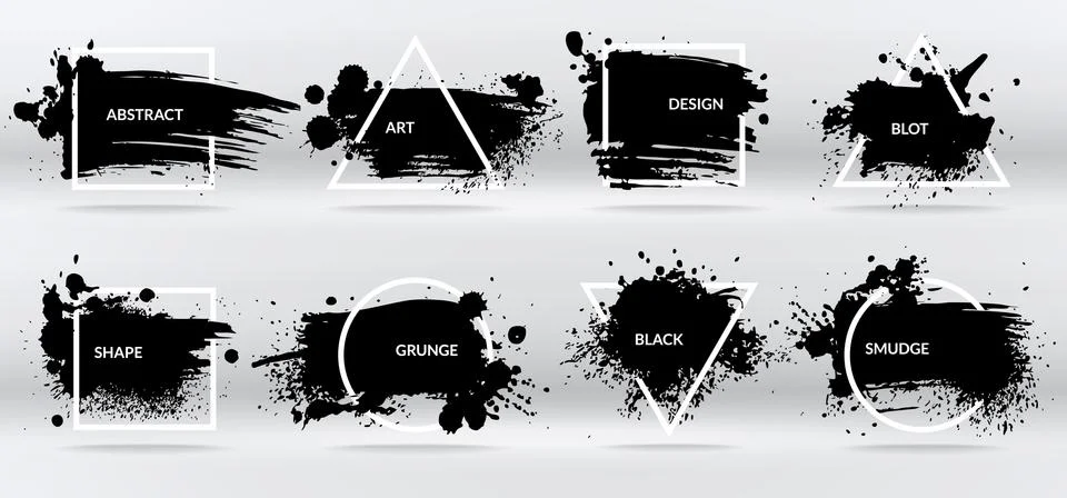 Ink blots. Abstract shapes, frames with black brushstroke grunge texture 스톡 일러스트