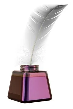 Ink bottle with feather, 3D rendering Illustration