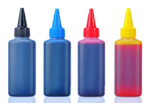 Ink bottle for printer machine on isolated background Stock Photos