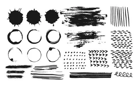 Ink brush strokes splashes doodle lines vector set Stock Illustration