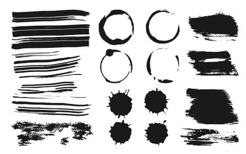Ink brush strokes splashes drop circles vector set Stock Illustration