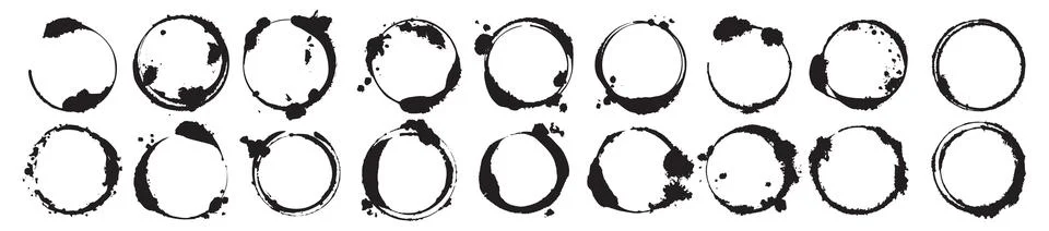 Ink circle set, vector black ring spot abstract geometric cup splash print Stock Illustration