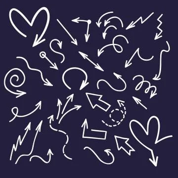 Ink doodle arrows. Handwriting scribble sketch line arrowheads isolated on dark Illustrazione stock