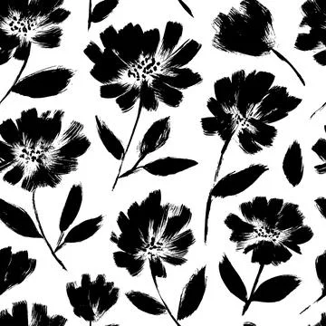 Ink drawing black flowers vector seamless pattern. Stock Illustration