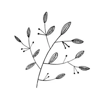 Ink drawing of floral pattern, autumn leaves, small berries on branch Stock Illustration
