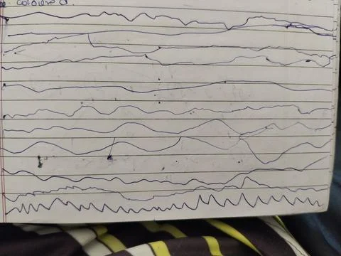Ink drawing of multiple wavy lines on lined notebook paper Stock Photos