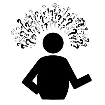 Ink drawn question marks around man's silhouette, brainstorming concept Stock Illustration