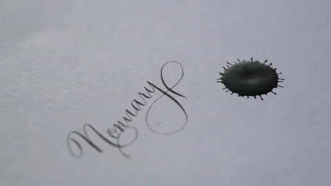 Ink drop falling on white vintage paper with inscription in slow motion Video stock 104458464