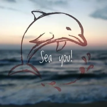 Ink hand drawn dolphin on blurred sea background Stock Illustration