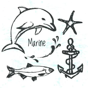 Ink hand drawn elements of marine world Stock Illustration