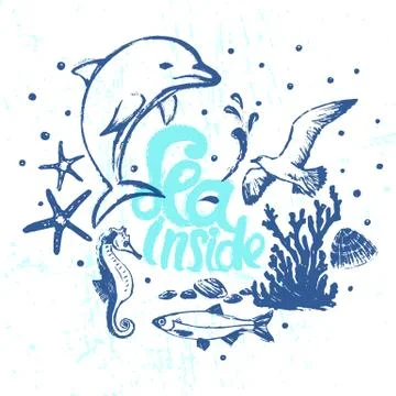 Ink hand drawn Sea inside vector card with marine flora and fauna Stock Illustration