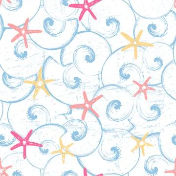 Ink hand drawn seamless pattern with seashells and starfishes Stock-Illustration