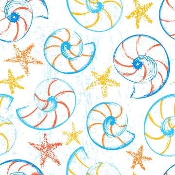 Ink hand drawn seamless pattern with seashells and starfishes Stock Illustration