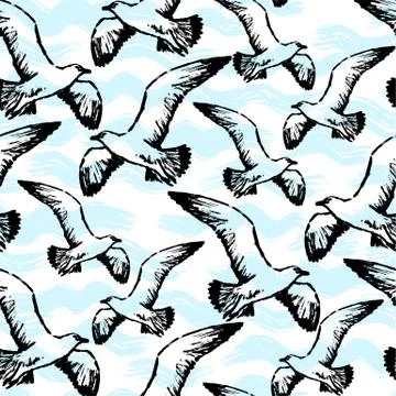 Ink hand drawn seamless pattern with flying seagulls Stock Illustration