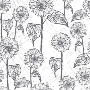 Ink hand drawn seamless pattern with sunflowers Stock Illustration