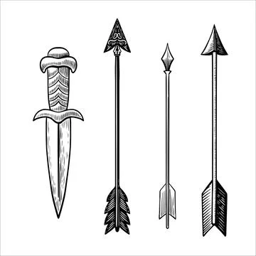 Ink hand drawn set with dagger and bow arrows. 스톡 일러스트
