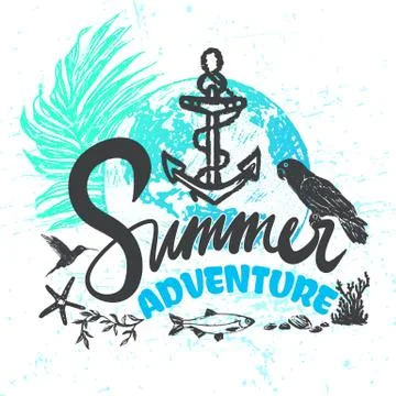 Ink hand drawn vector illustration about summer vacation and adventures in .. Stock Illustration