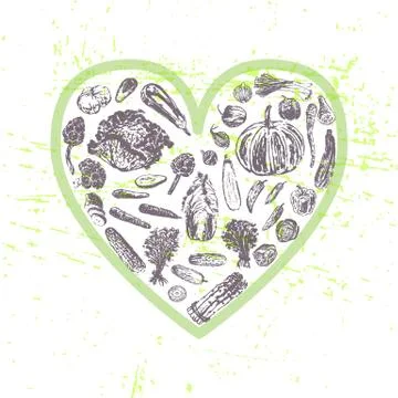 Ink hand drawn veggies in heart shape Stock Illustration