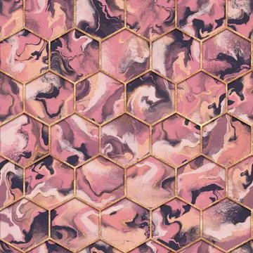 Ink hexagon seamless texture with gold. Abstract background Stock Illustration