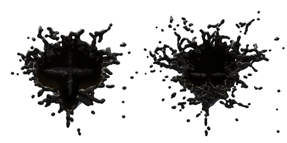 Ink Oil Splash with droplets on withe background. 3d Illustration. Foto stock