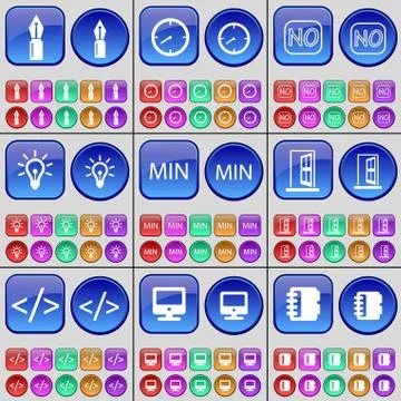 Ink pen, Clock, No, Light bulb, Min, Door, Code, Monitor, Notebook. A large set Stock Illustration