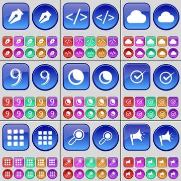 Ink pen, Code, Cloud, Nine, Moon, Tick, Apps, Magnifying glass, Megaphone. A lar イラスト素材