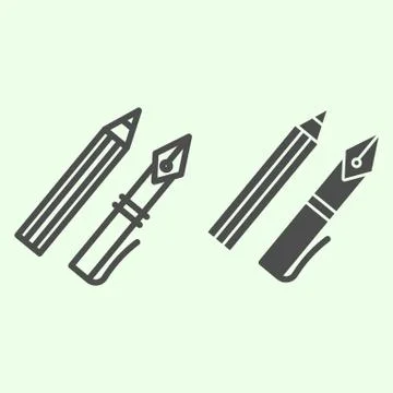 Ink pen line and solid icon. Office supplies with fountain pen and pencil Stock Illustration