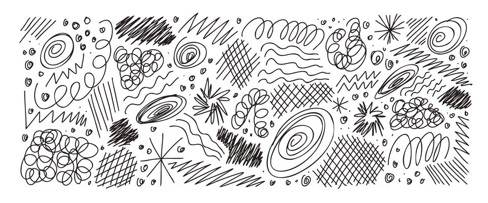 Ink pen scribbles text highlights decor. Hand-drawn scratches, squiggles and Stock Illustration