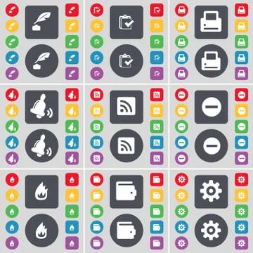 Ink pen, Survey, Printer, Bell, RSS, Minus, Fire, Wallet, Gear icon symbol. A la Stock Illustration