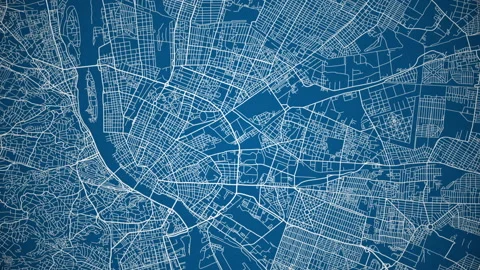 Ink reveal animation of city center grid map. Blueprint style. Seamless loop. Stock Footage
