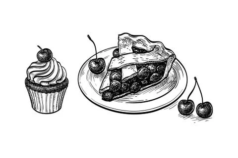 Ink sketch of cherry pie. Stock Illustration