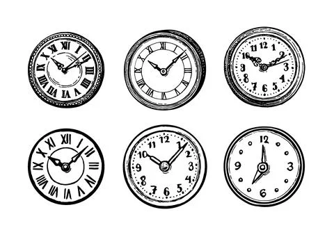 Ink sketch of clock dial faces. Stock Illustration
