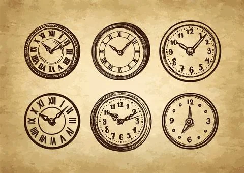 Ink sketch of clock dial faces. Stock Illustration