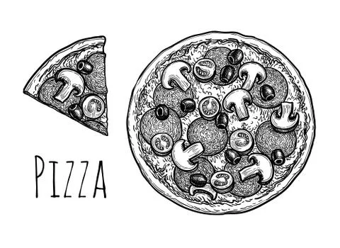 Ink sketch of pizza. Illustrazione stock