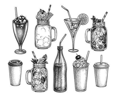 Ink sketches of beverages. Stock Illustration