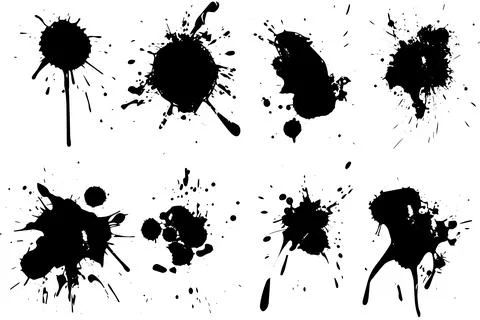 Ink Splash Vector Set: Abstract Grunge Stains, Drops, and Spatters in Black and Stock Illustration