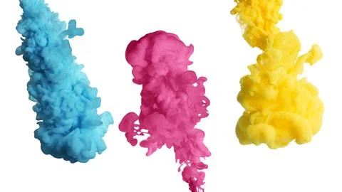 Ink splashes of different colors on white background Stock Photos