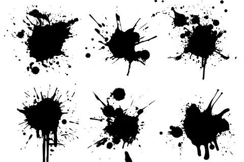 Ink Splatter Vector Set: Grunge Stains, Drops, and Splashes in Black and White. Stock Illustration