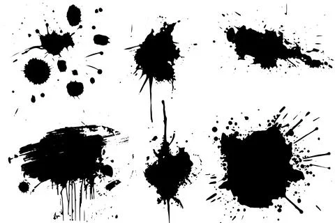 Ink Splatter Vector Set: Grunge Stains, Drops, and Splashes in Black and White. Stock Illustration
