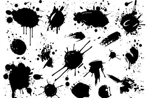 Ink Splatter Vector Set: Grunge Stains, Drops, and Splashes in Black and White. Stock Illustration