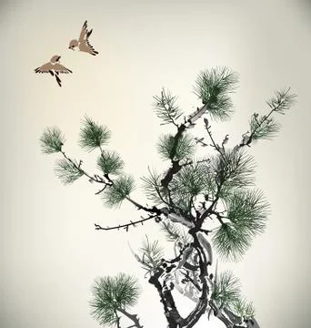 Ink style Pine Tree and birds Stock Illustration