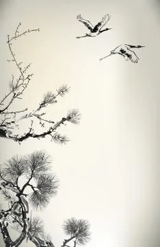Ink style Pine Tree and birds 스톡 일러스트